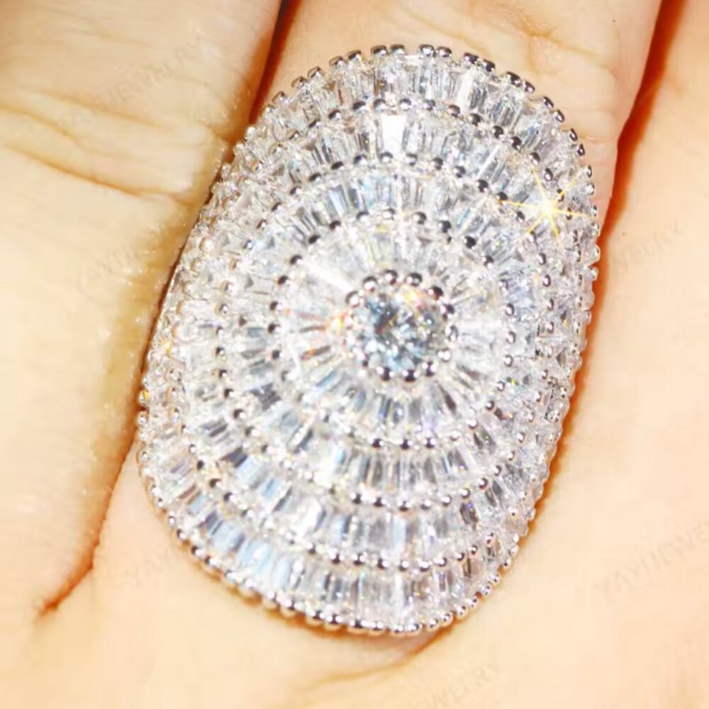 NEW 14K White Gold Diamond Ring Oval Baguette Cut Ring Statement Ring